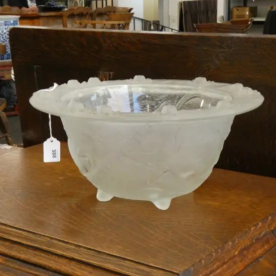 LG OPALESCENT GLASS BOWL EMBOSSED WITH MERMAIDS & WATERLILIES, 315 x 170mm