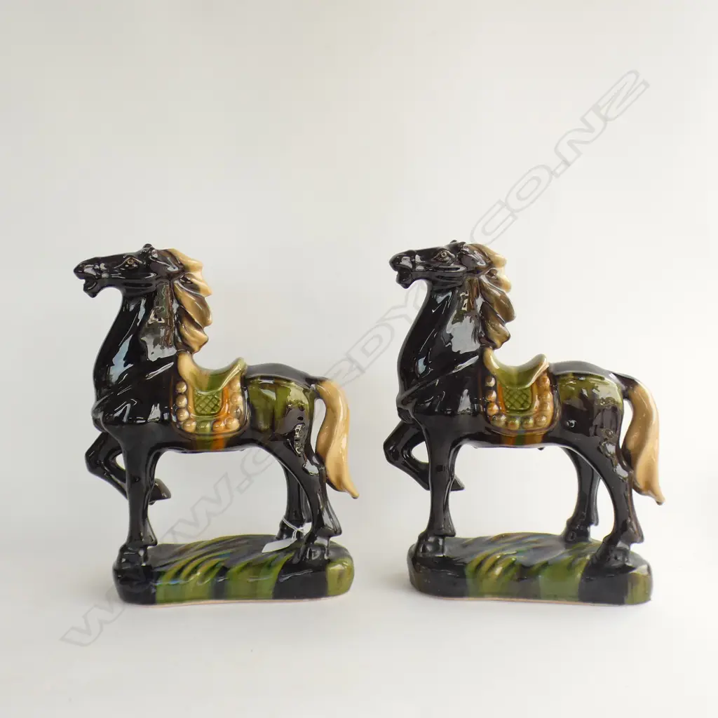 PR TANG DYNASTY STYLE TRI COLOUR GLAZED POTTERY HORSES L 295 H 365MM Image 1++