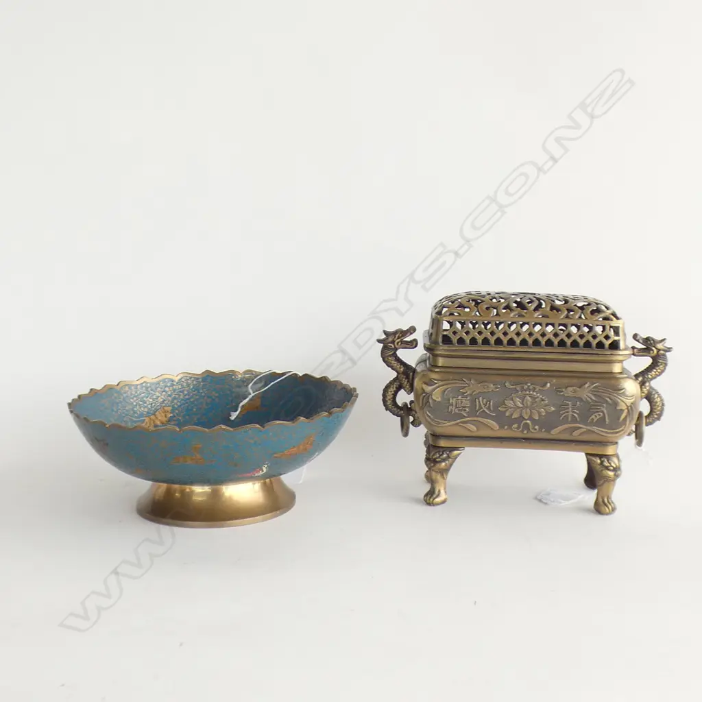 ORIENTAL BRASS & ENAMEL BOWL (DIA 185MM) + LIDDED BOX W DRAGON HANDLES L 185MM Image 1++
