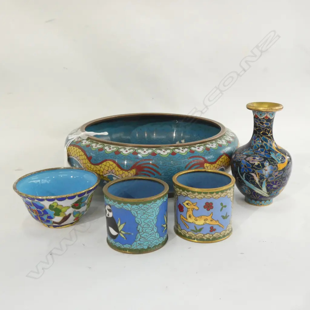 CLOISONNE BOWL(DIA 220MM) + 2 TOOTHPICK CUPS / BUD VASE & FINGER BOWL Image 1++