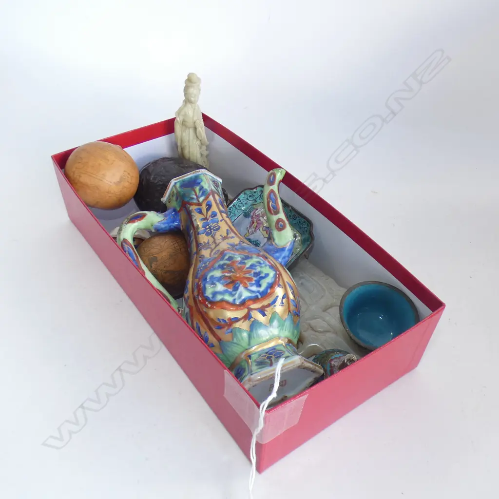11 CHINESE ITEMS; SEED POD PURSE + 2 BALLS, SOAPSTONE LADY & BUCKLE, 5 PCES CLOISONNE, JUG Image 1++