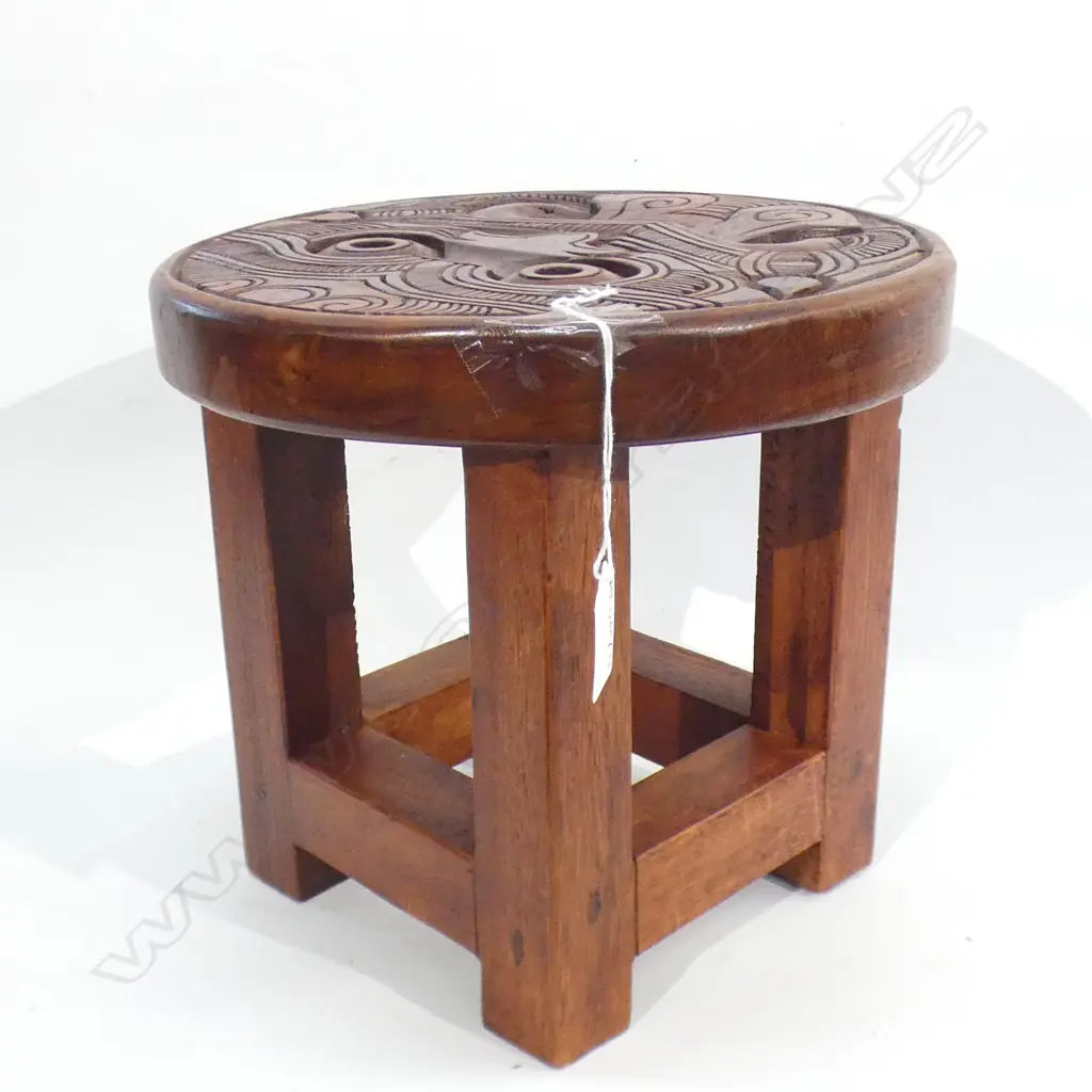 CARVED WOODEN MAORI STOOL 260mm dia Image 1++