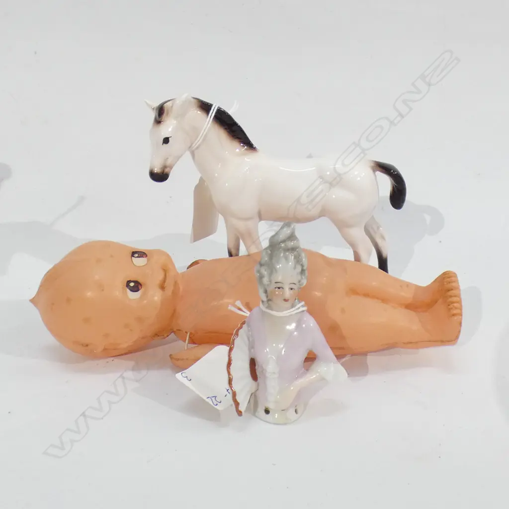 VINTAGE PLASTIC KEWPIE DOLL (H 195MM) PORCELAIN HORSE FIG (L140MM) & PORCELAIN 1/2 DOLL A/F Image 1++