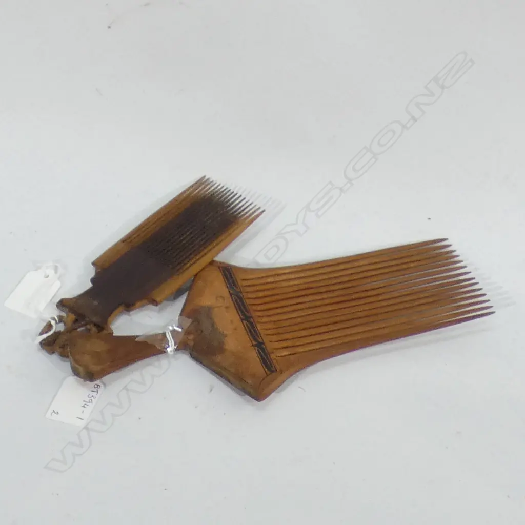 TWO VINTAGE CARVED WOODEN COMBS - LARGEST L 250MM SM WITH ELEPHANT L 160MM Image 1++