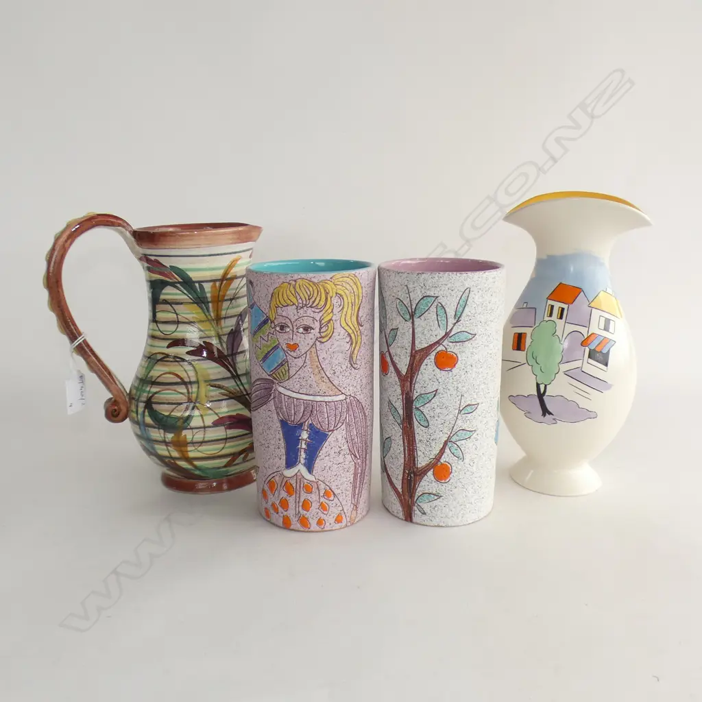 4 CERAMICS; FLOSMARON VASE, HAND PAINTED JUG, PR ITALIAN VASES H.195mm Image 1++