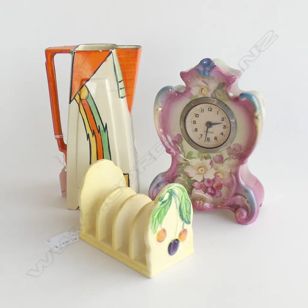 VINTAGE GERMAN FLORAL PORCELAIN MANTLE CLOCK (H 180MM) WADE HEATH ART DECO JUG (H190MM) + CARLTON WARE TOAST RACK Image 1++