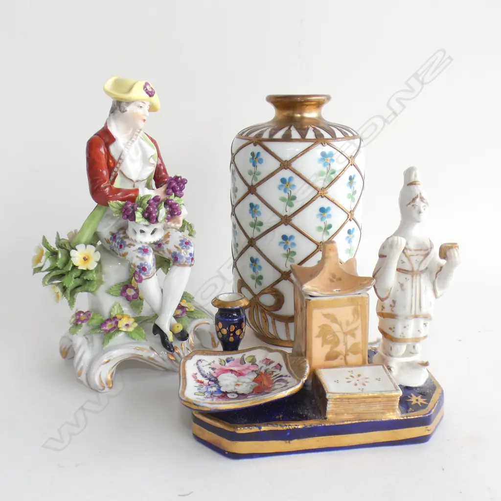 ANTIQUE MINIATURE DESK SET, 19thC HARD PASTE FIGURE, BAVARIA VASE H.115mm Image 1++
