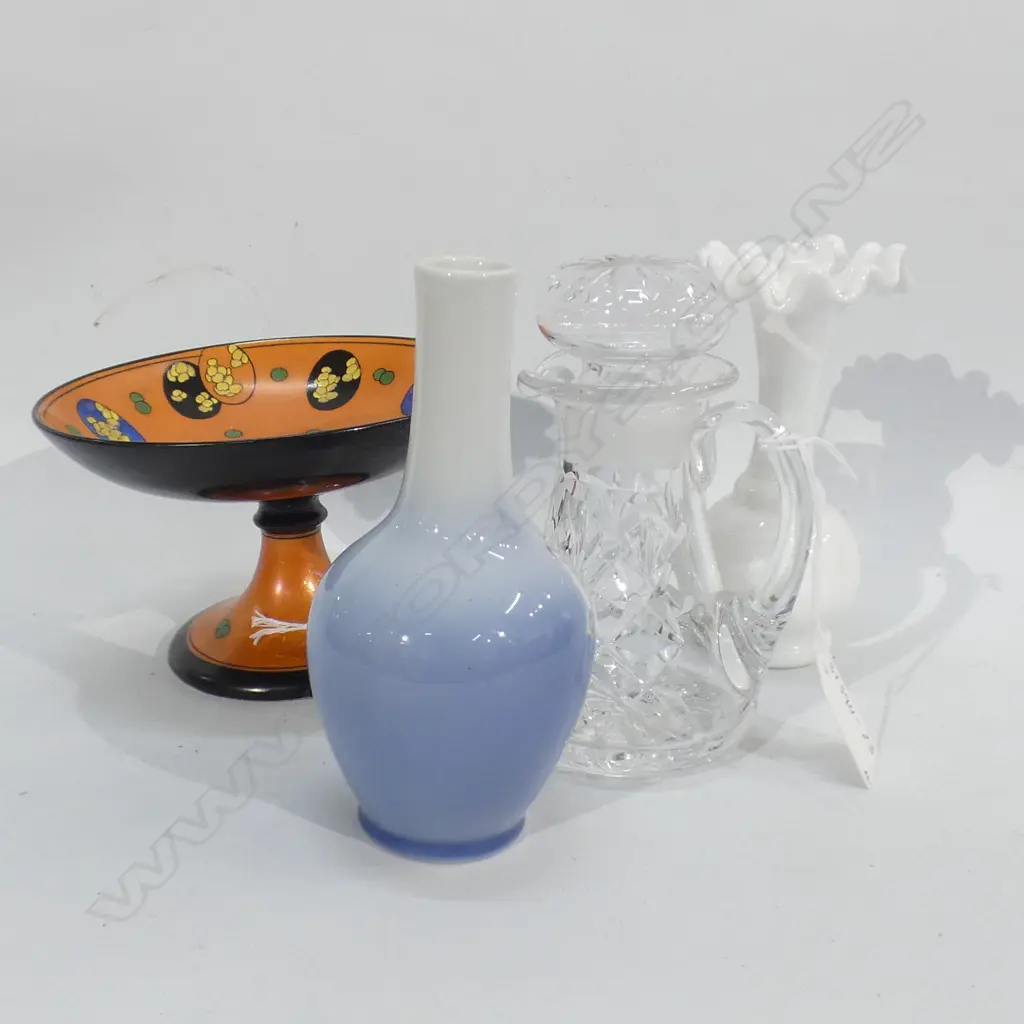ROYAL DOULTON ART DECO COMPORT (DIA 140MM)ROYAL COPENHAGEN VASE (H 145MM) + GLASS VINEGAR BOTTLE & MILK GLASS VASE Image 1++