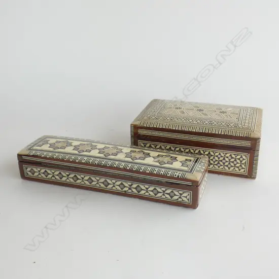 2  PERSIAN STYLE SHELL & MOP INLAID LIDDED BOXES (160 X 115MM & 225 X 65MM) BOTH W RED FELT LINING