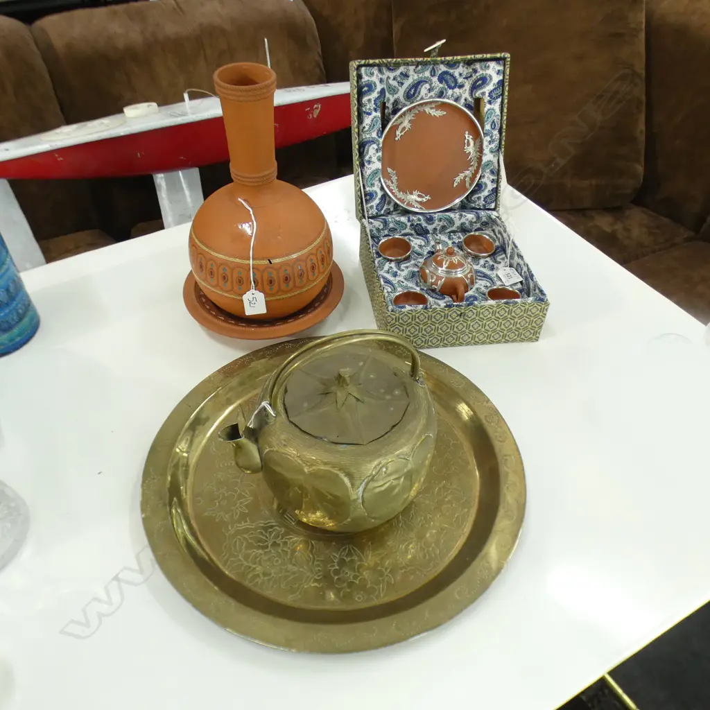 BOXED YIXING WARE TEA SET, BRASS TRAY & TEAPOT + TERRACOTTA VASE &  A/F Image 1++