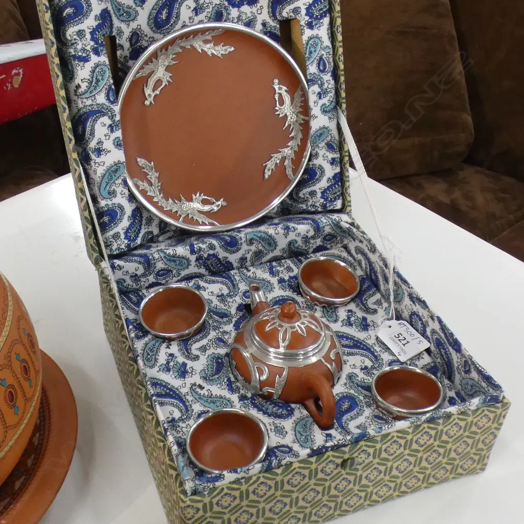BOXED YIXING WARE TEA SET, BRASS TRAY & TEAPOT + TERRACOTTA VASE &  A/F Image 1++
