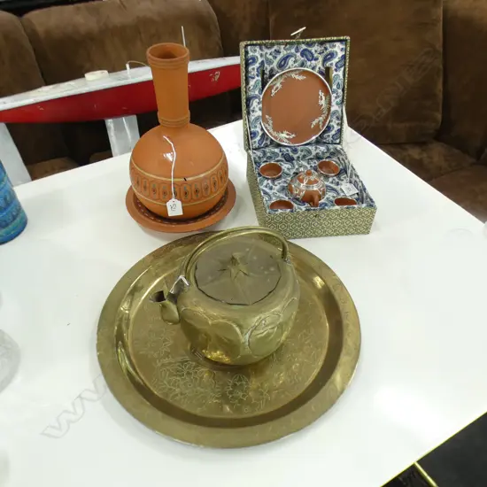 BOXED YIXING WARE TEA SET, BRASS TRAY & TEAPOT + TERRACOTTA VASE &  A/F