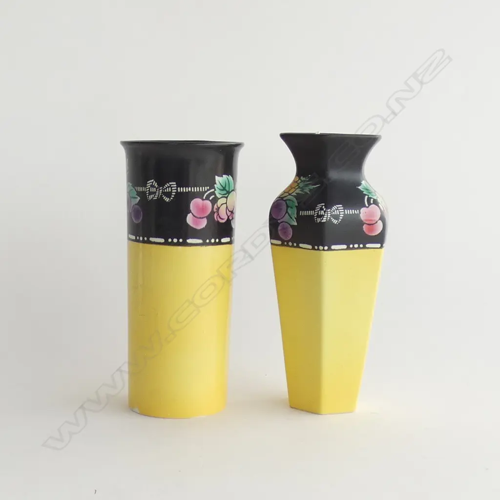 2 ART DECO SHELLEY VASES; BLACK & YELLOW W FRUIT & BOWS H  165MM  Image 1++