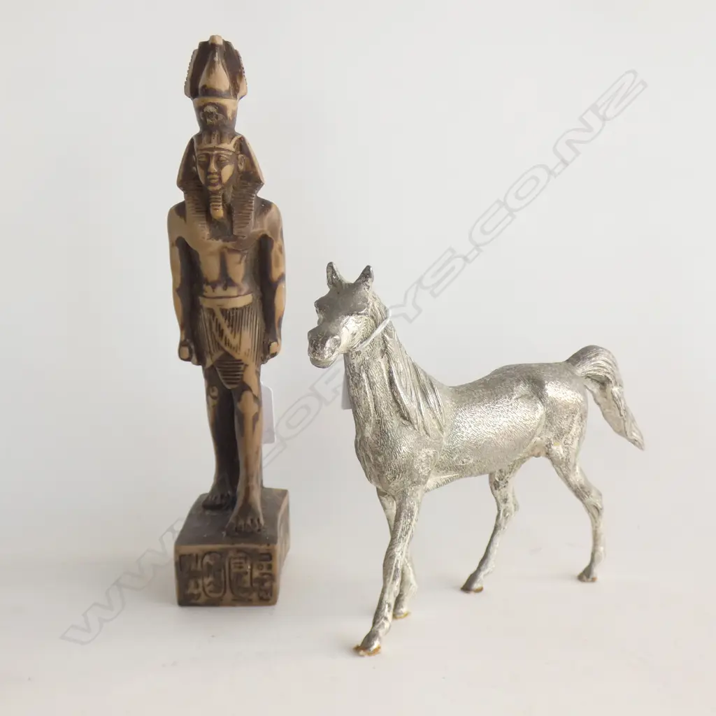 EGYPTIAN FIGURINE (HI 270MM) + HEAVY SILVER PLATED HORSE (L 245MM)  Image 1++