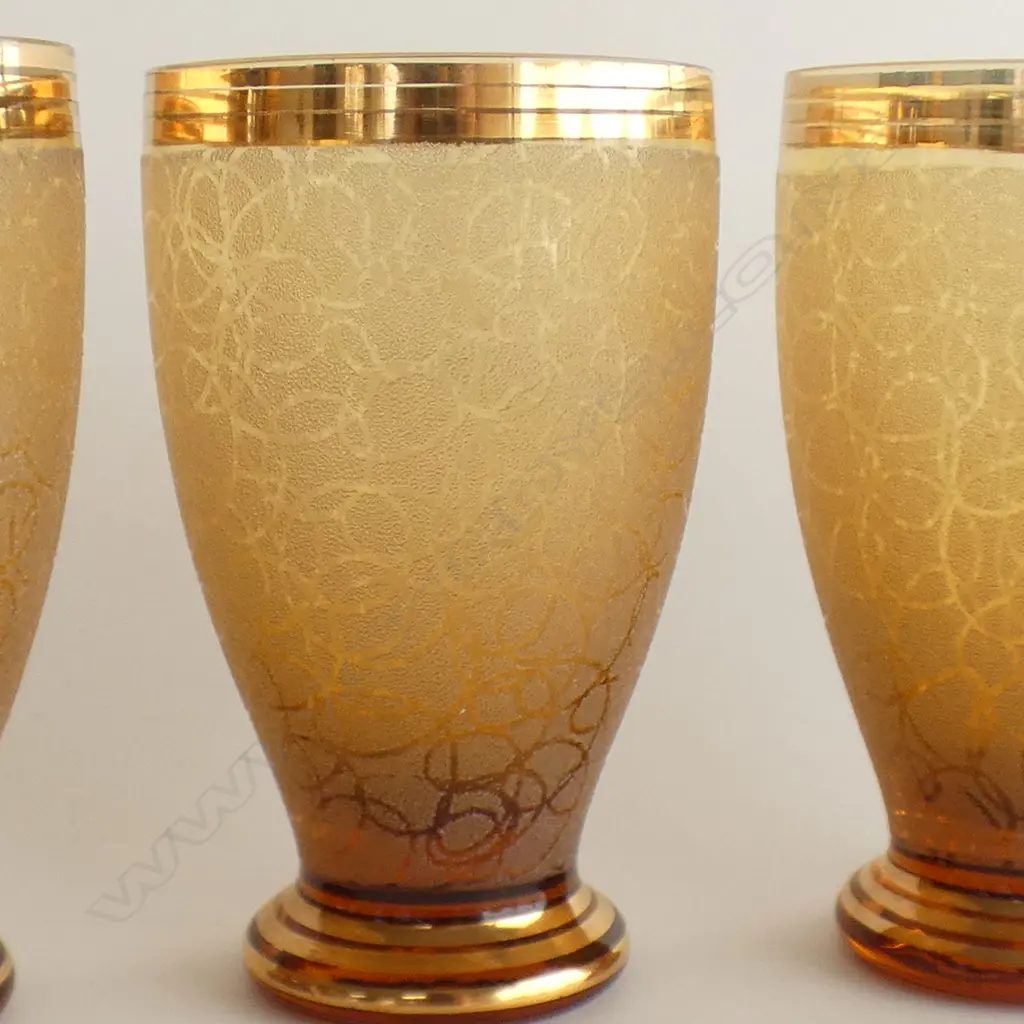 SIX RETRO AMBER & GOLD FROSTED FOOTED GLASSES H 120MM Image 1++