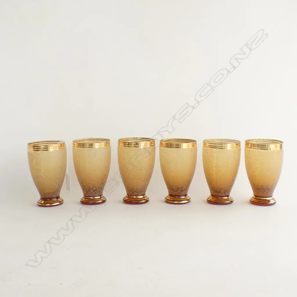 SIX RETRO AMBER & GOLD FROSTED FOOTED GLASSES H 120MM Image 1++