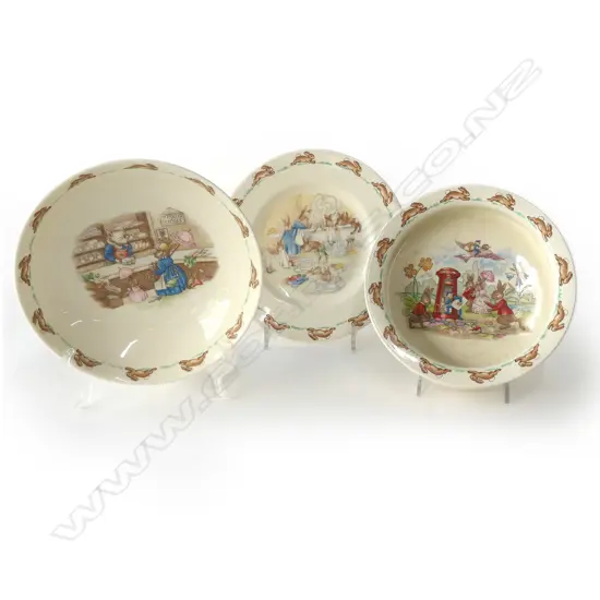 THREE VINTAGE BUNNIKINS CHINA PIECES: 2 BOWLS, 1 PLATE