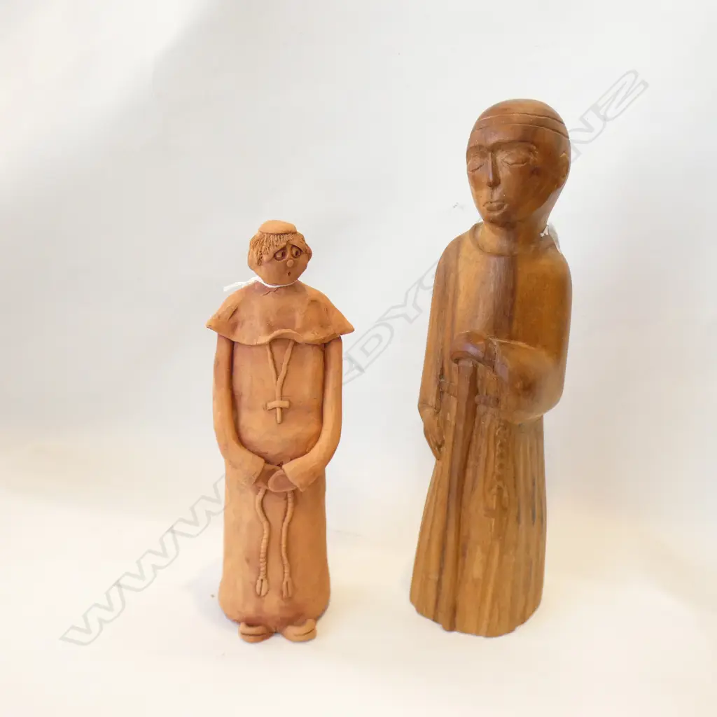 2 RELIGIOUS FIGURES; 1 POTTERY (H 285MM) 1 WOODEN CARVED (H 360MM) Image 1++