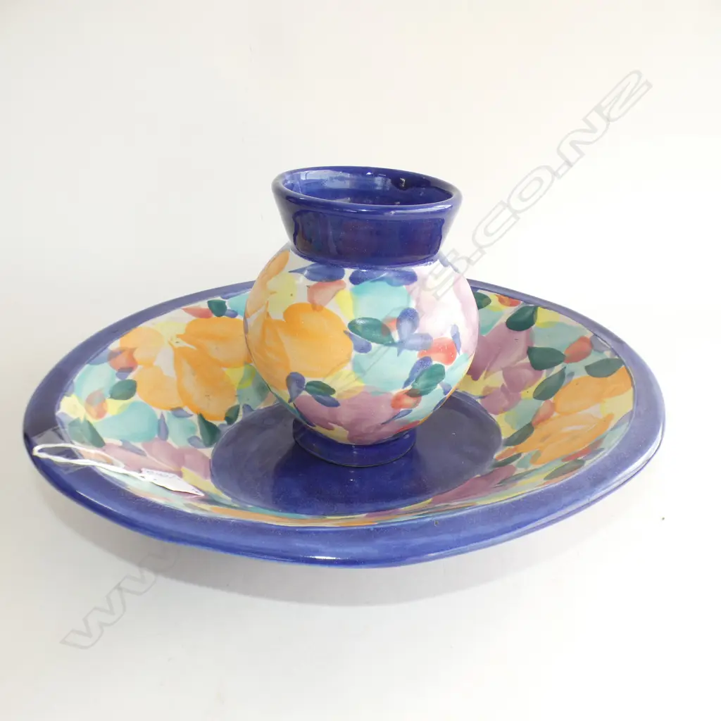 2 PCS MULTI COLOURED TONY SLY POTTERY; LG DISH (370 X 305MM) & VASE Image 1++