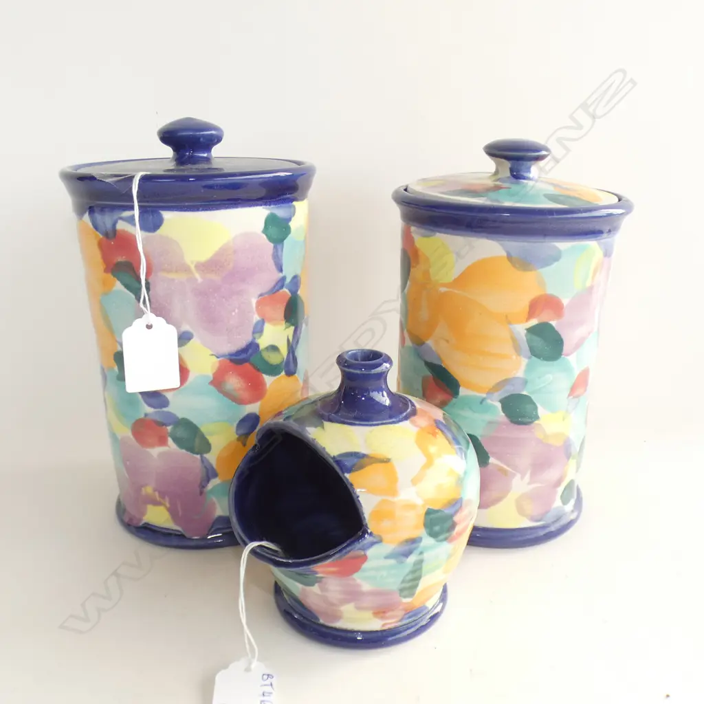 MULTI COLOURED TONY SLY POTTERY;  2 LIDDED JARS (H 200MM) & SALT PIG LID A/F Image 1++