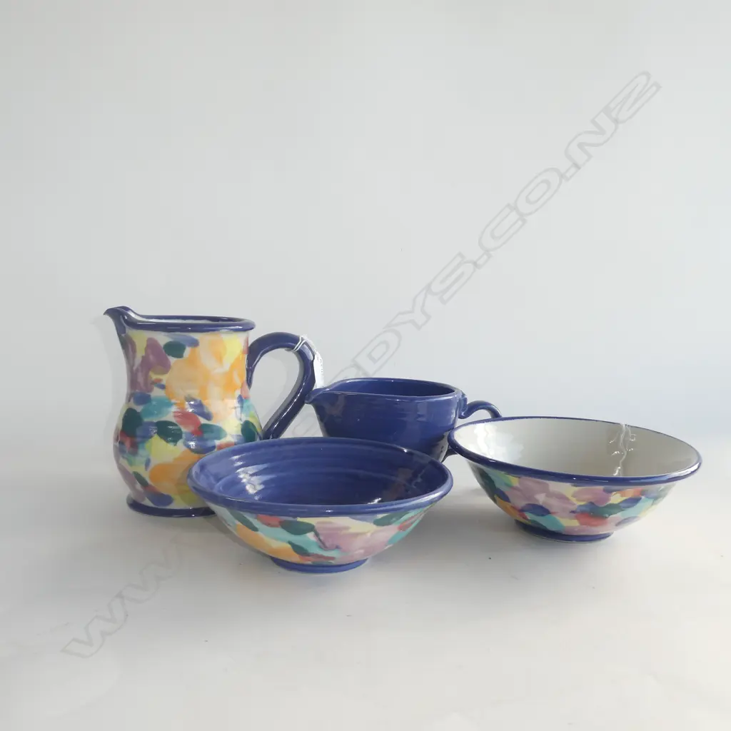 3 MULTI COLOURED TONY SLY POTTERY PCS; JUG (H 150MM), 2 BOWLS (DIA  185MM) + BLUE JUG (H 100MM) Image 1++