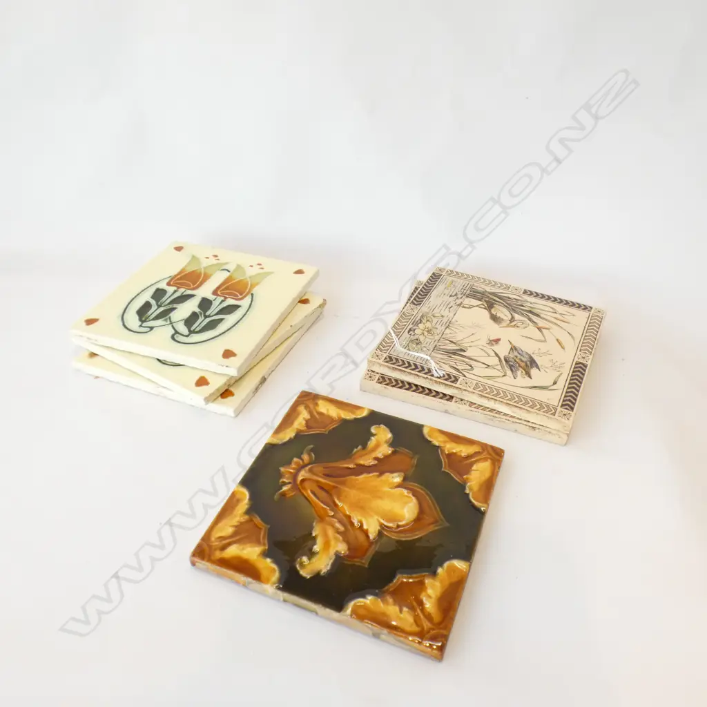 6 ASST VINTAGE TILES INCL 3 ART NOUVEAU & 2 BIRD DESIGN 155MM Image 1++