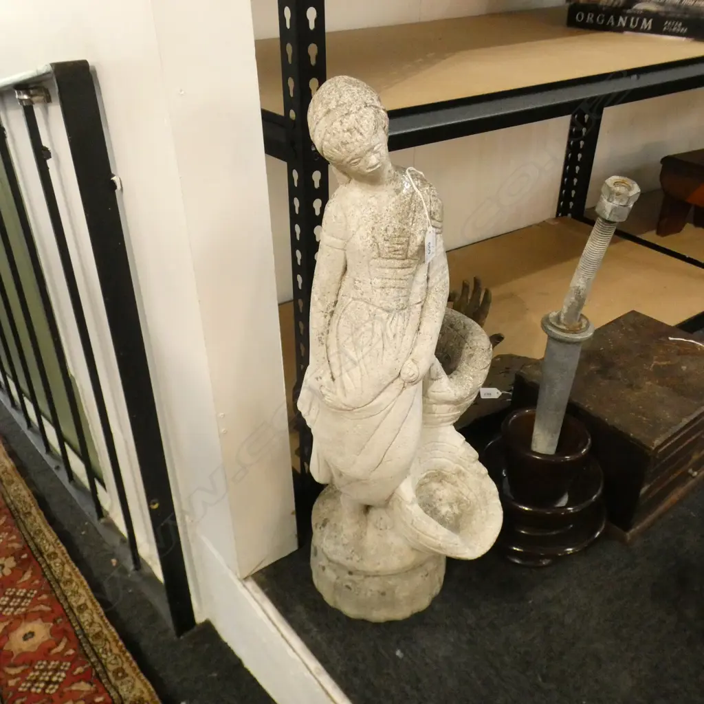 VINTAGE CONCRETE GARDEN STATUE WOMAN AT WELL H.580mm Image 1++