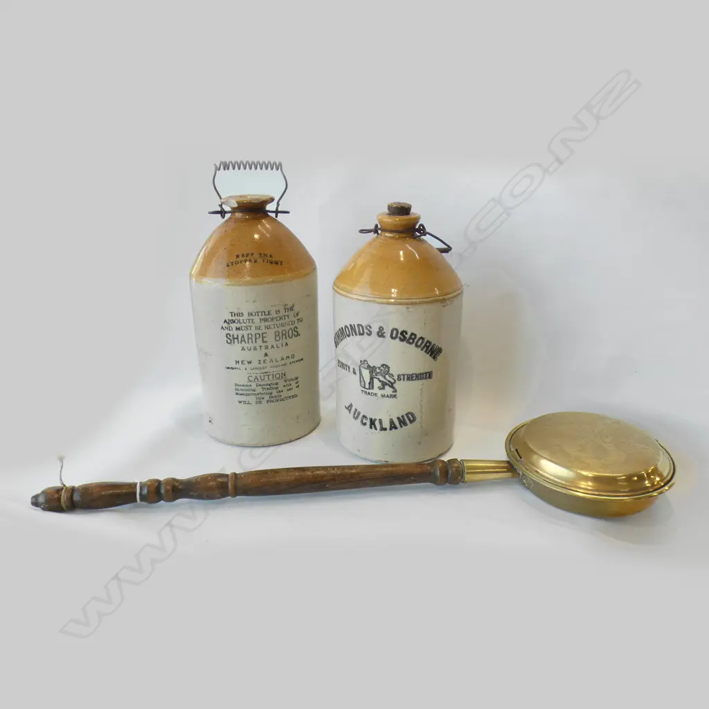 2 VINTAGE CROCKS + BRASS BED WARMER Image 1++