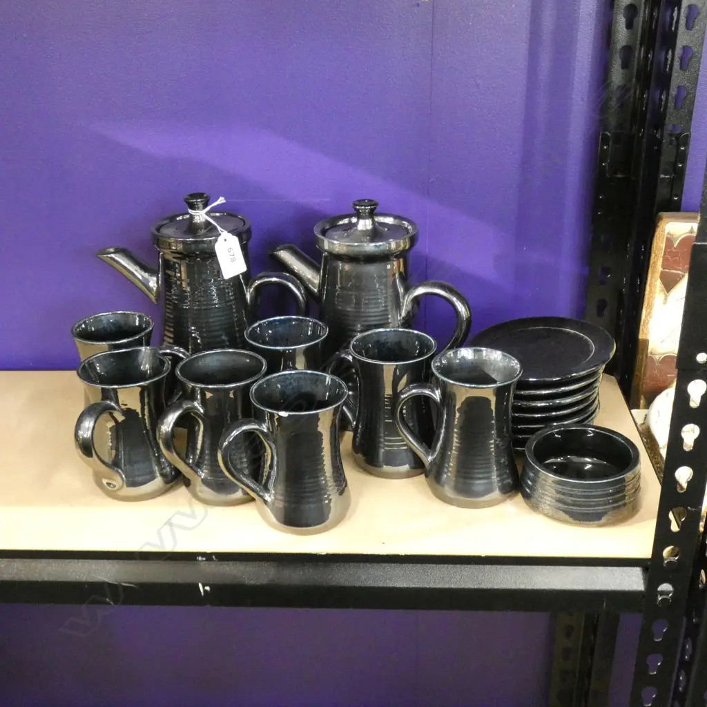 17 PCE KNIGHTS OF TINTAGLE BLACK LUSTRE POTTERY COFFEE SET; 2 POTS, 6 CUPS, 7 SAUCERS, JUG & SUGAR Image 1++