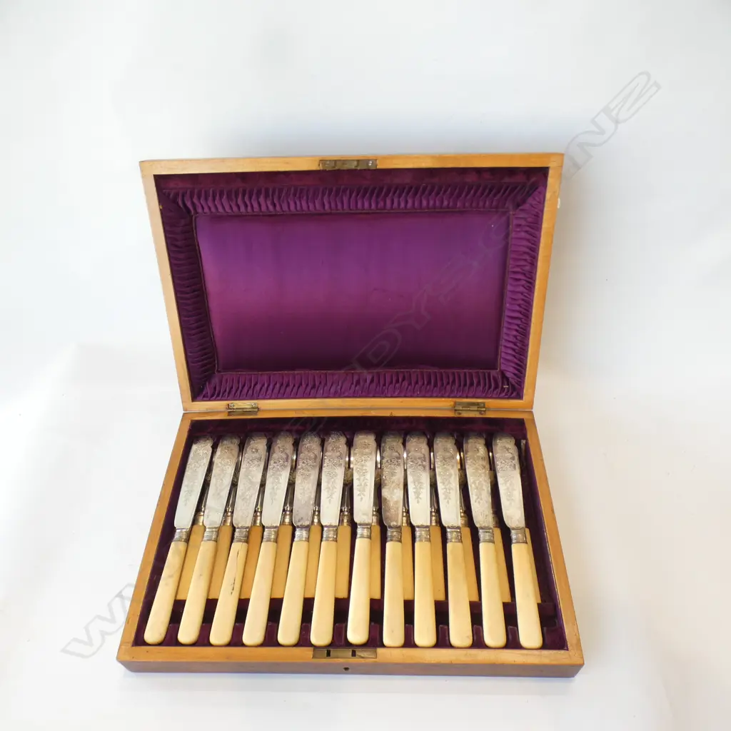 12 PLACE IVORINE HANDLED FISH SET, CASED .... Image 1++