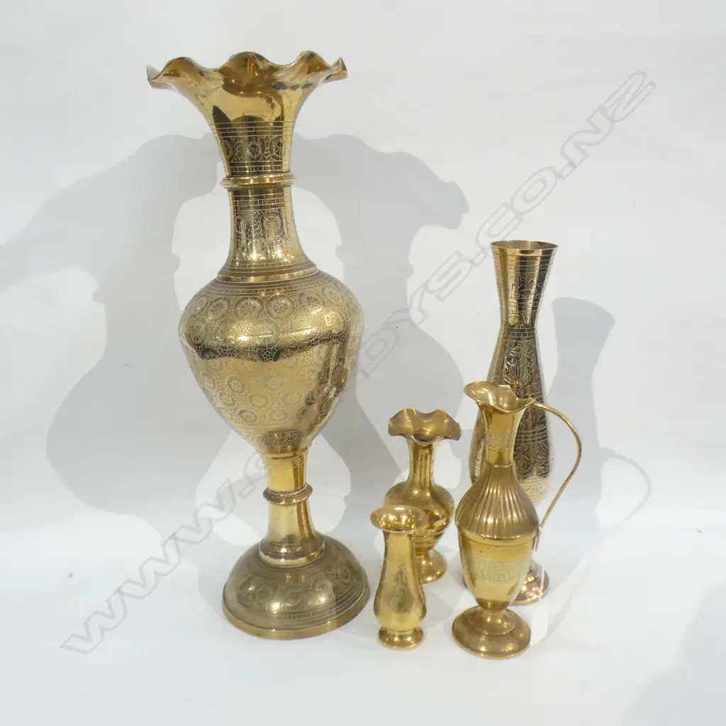 5 PCES BRASS; 4 VASES & JUG Image 1++