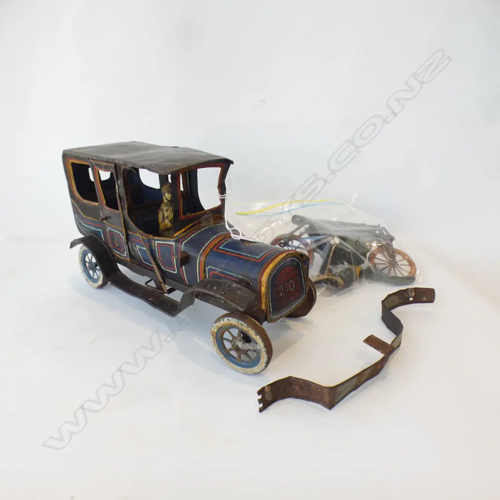 2 VINTAGE TIN TOYS; CAR AF L.290mm + MOTOCYCLE & RIDER Image 1++