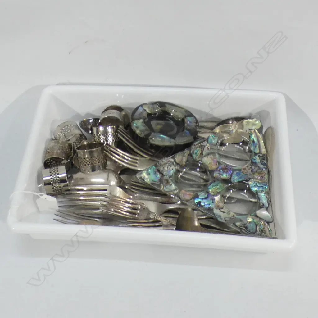 TRAY OF OLD SILVER PLATE CUTLERY + 6 SILVER PLATE NAPKIN RINGS & GLASS & PAUA TEALITE CANDLE HOLDER & ASHTRAY Image 1++