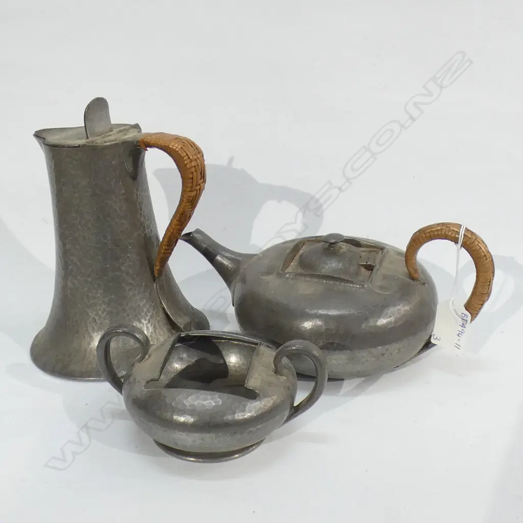 3 VINTAGE PEWTER PCS; HOT WATER JUG, TEAPOT & SUGAR BOWL - THE TEAPOT & JUG & CANE HANDLES  Image 1++