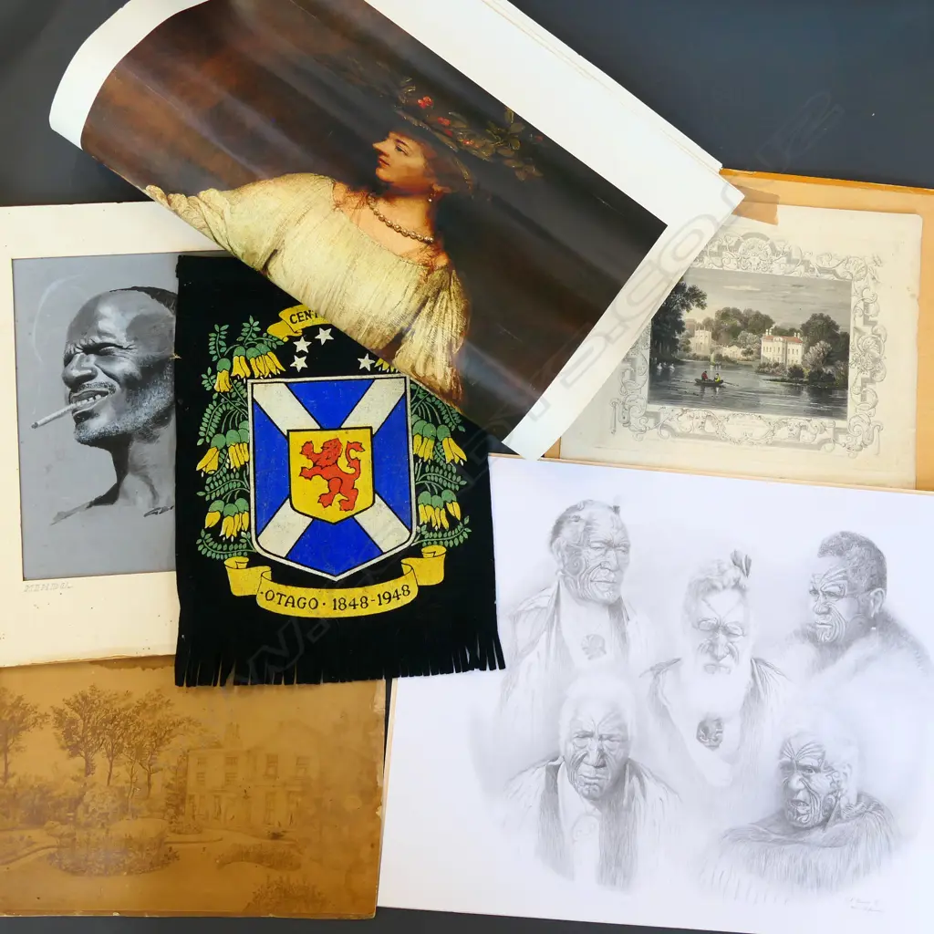 SKETCHES & PRINTS INCL D FERRIS OKU TUPUNA & MICHAELANGELO + OTAGO 1948 CENTENNIAL PENNANT Image 1++