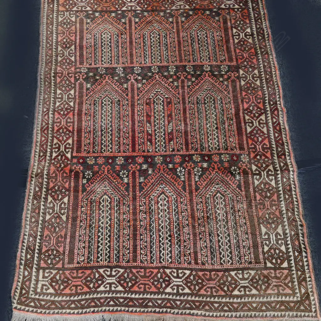 ANTIQUE BALUCHI PRAYER MAT, ALL WOOL HAND KLNOTTED, w PATTERN OF 9 MIHRAB NICHES. 1360 x 860mm Image 1++