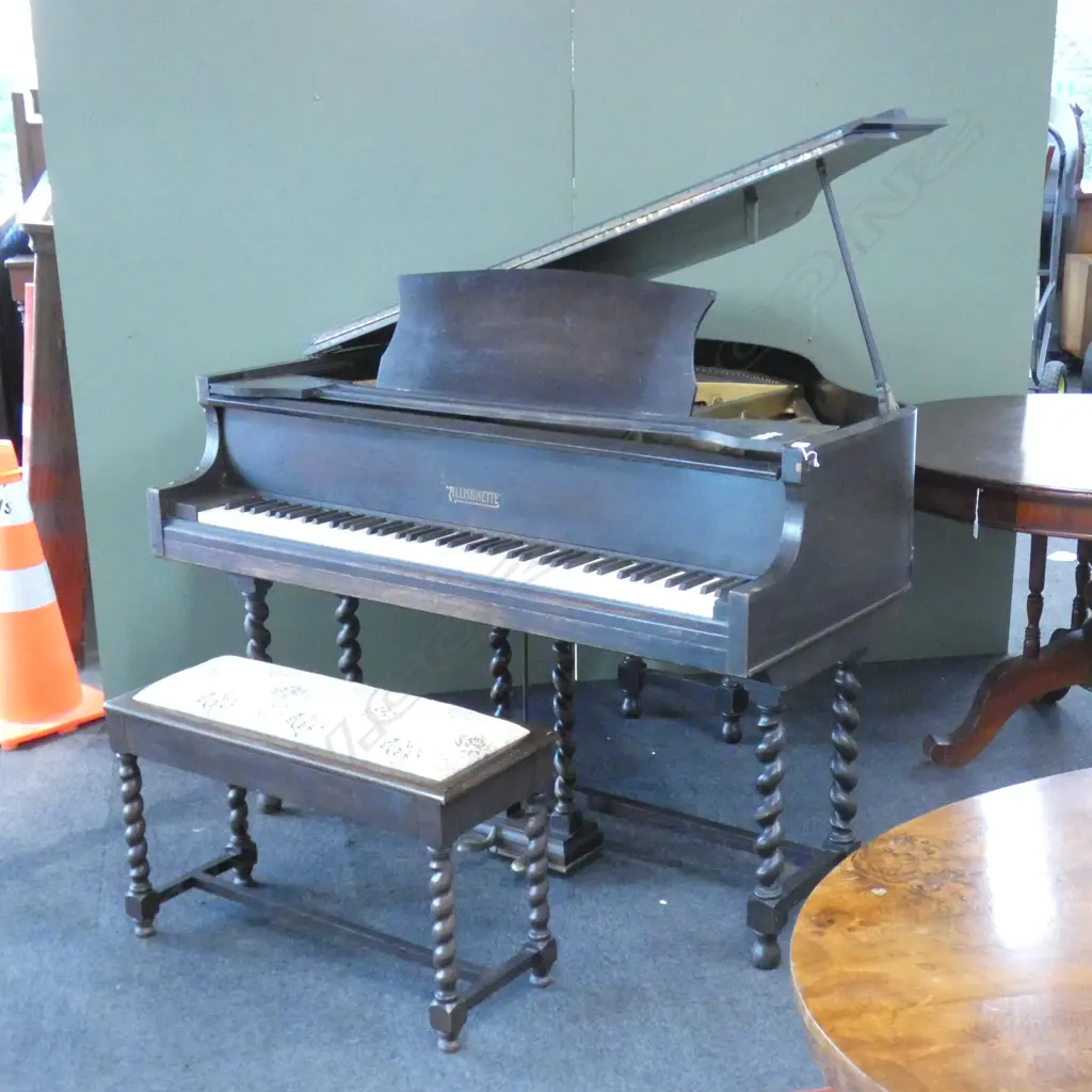 VINTAGE ALLISONETTE BABY GRAND OAK PIANO BARLEY TWIST LEGS + STOOL... Image 1++