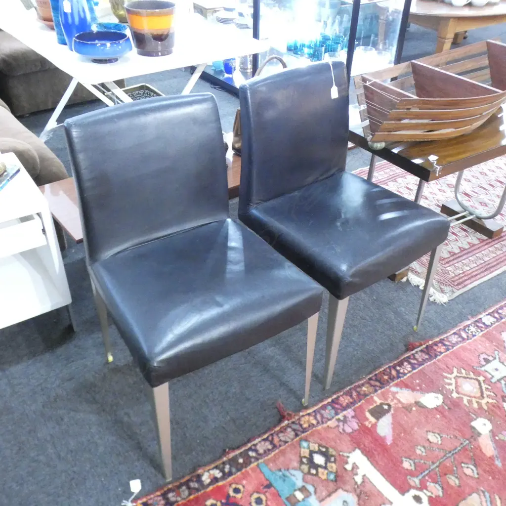 PR OF ITALIAN BLACK LEATHER & ALUMINIUM DINING CHAIRS Image 1++