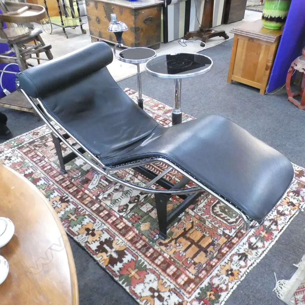 LE CORBUSIER STYLE CHROME & BLACK LEATHER CHAISE LOUNGE, L.1650mm Image 1++