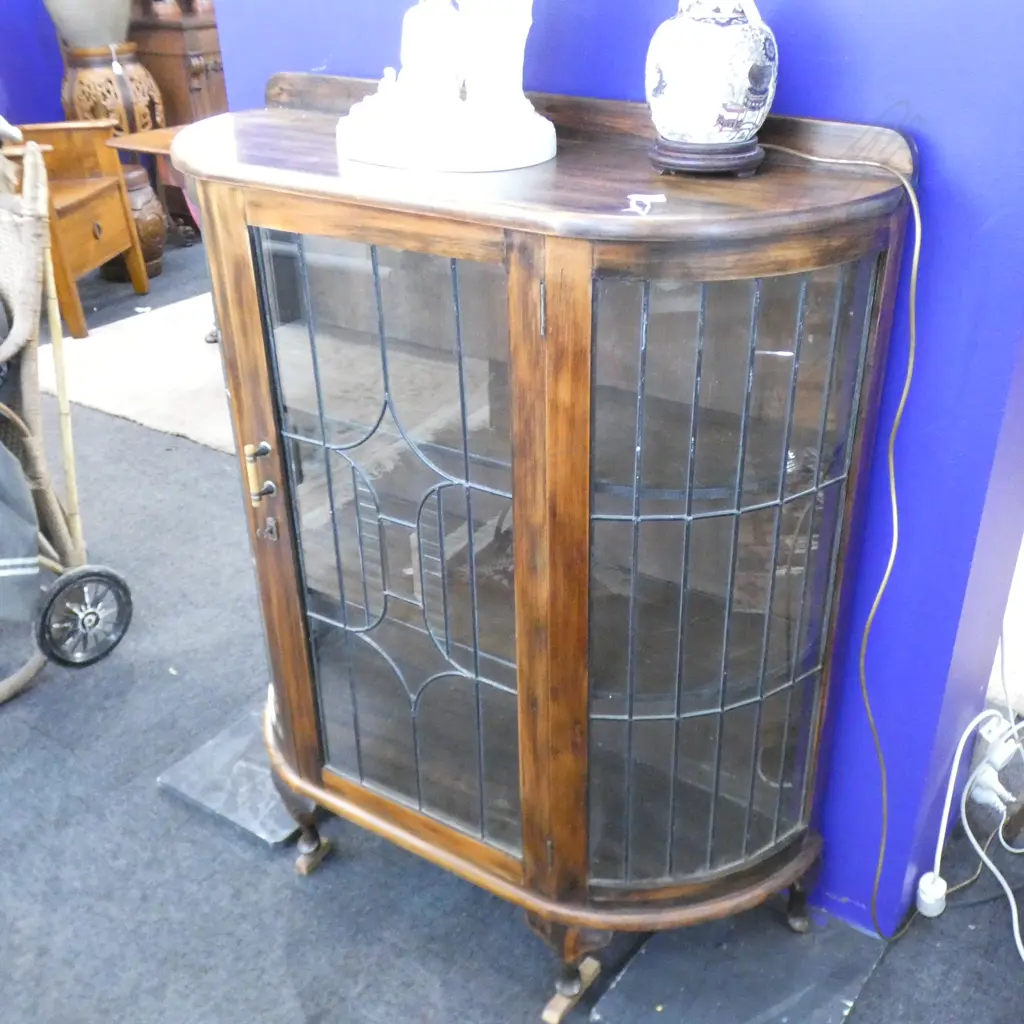 BEECH DEMI LUNE LEADLIGHT CHINA CABINET 970 x 360 x 1100mm Image 1++