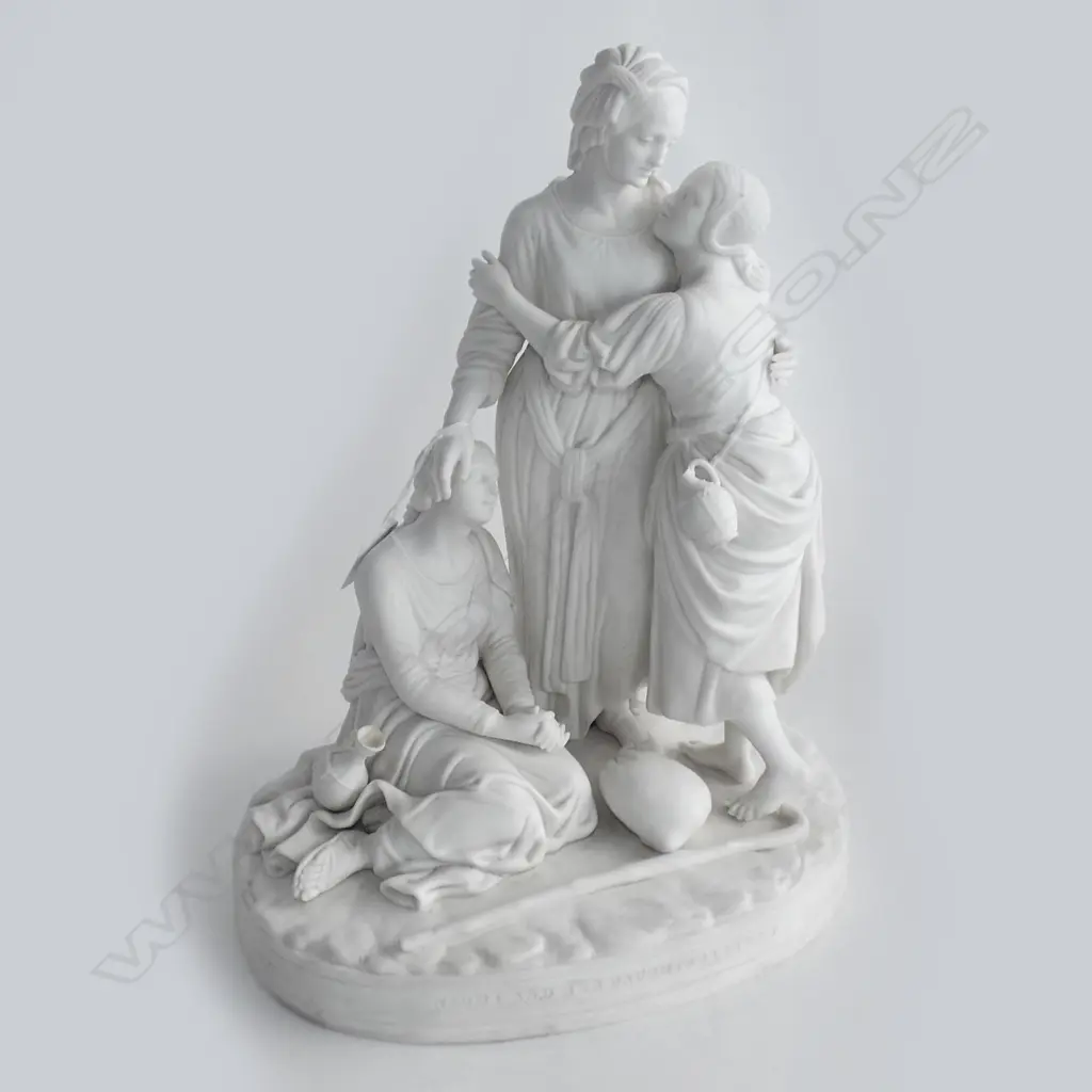 A Minton parian figural group; Naomi and her Daughters in Law; circa 1865. Depicting the biblical characters of Naomi Ruth and Oprah; titled to the front of the base. Impressed Minton to base along with a date mark. Minor losses; urn top Image 1++