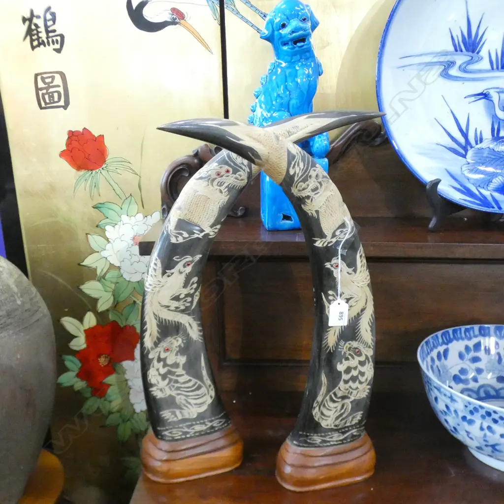 PR INLAID / ENGRAVED BUFFALO HORNS ON WOODEN STANDS H 480MM Image 1++
