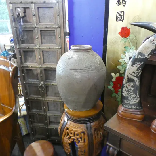 2 LG CHINESE POTTERY WINE JARS, (ONE WITH CHIP TO TOP RIM), H. 500mm