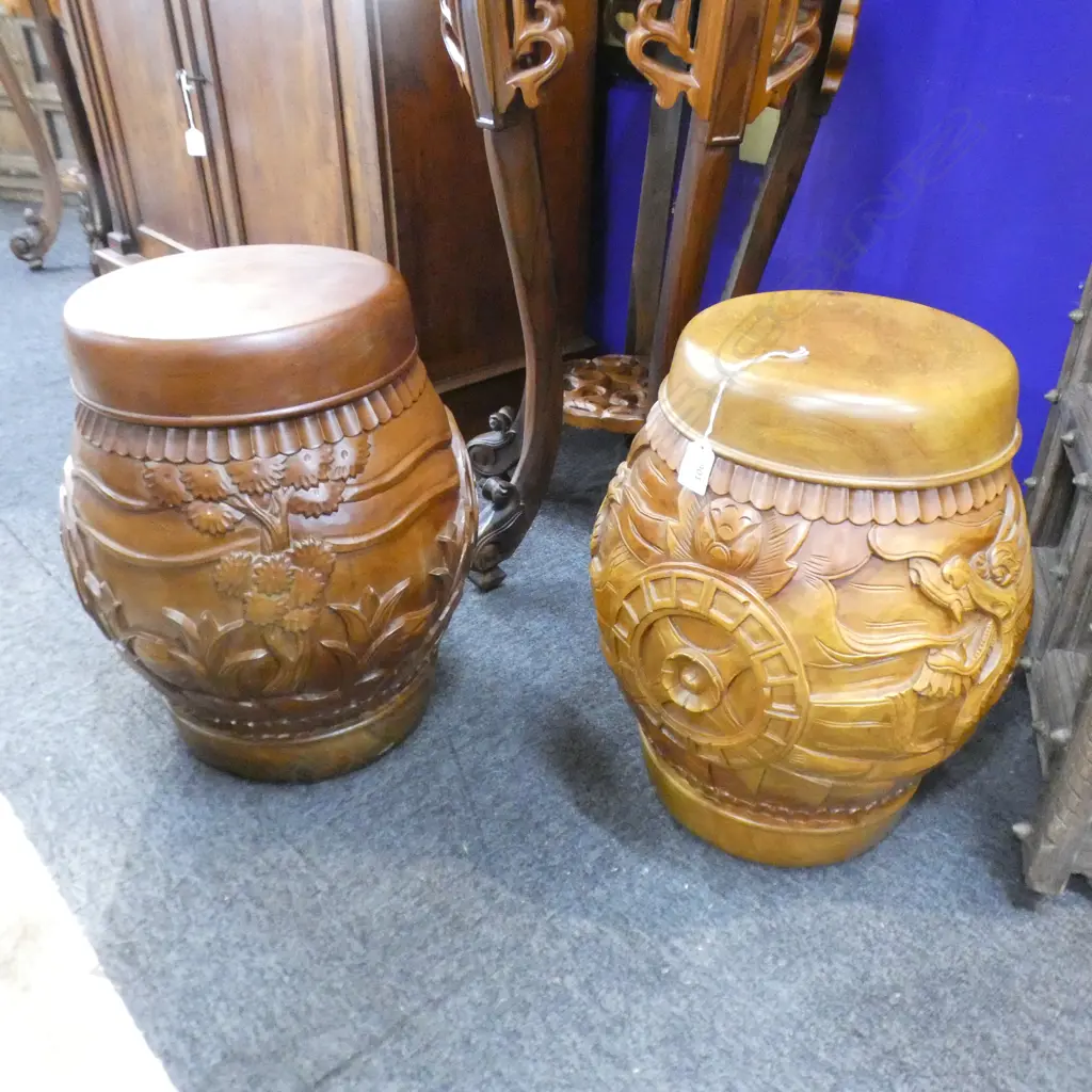 PR ORIENTAL CARVED WOODEN STORAGE STOOLS H.420mm Image 1++
