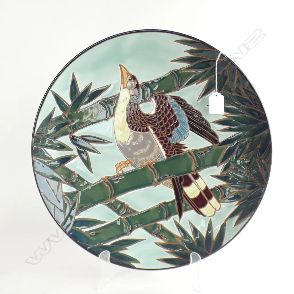 JAPANESE POLYCHROME LGE DISH BIRD & BAMBOO Dia.400mm Image 1++