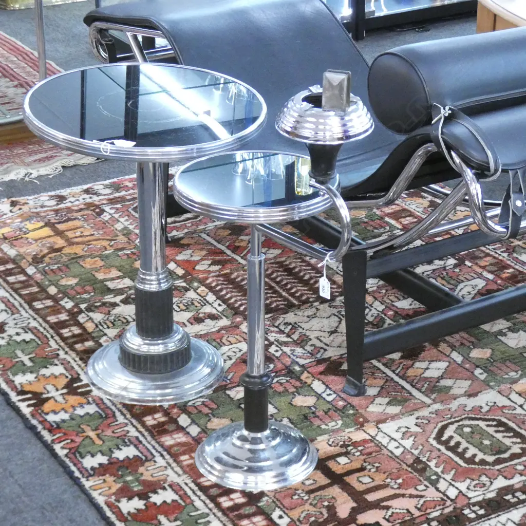 DECO CHROME & BLACK GLASS SIDE TABLE w. CIGARETTE HOLDER Image 1++