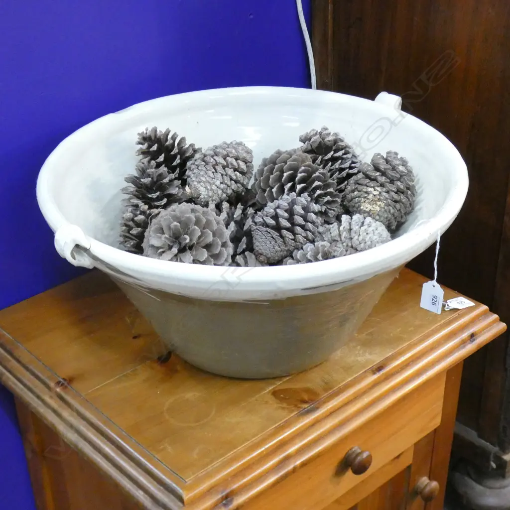 LARGE WHITE POTTERY BOWL w. PINECONES 490mm dia Image 1++