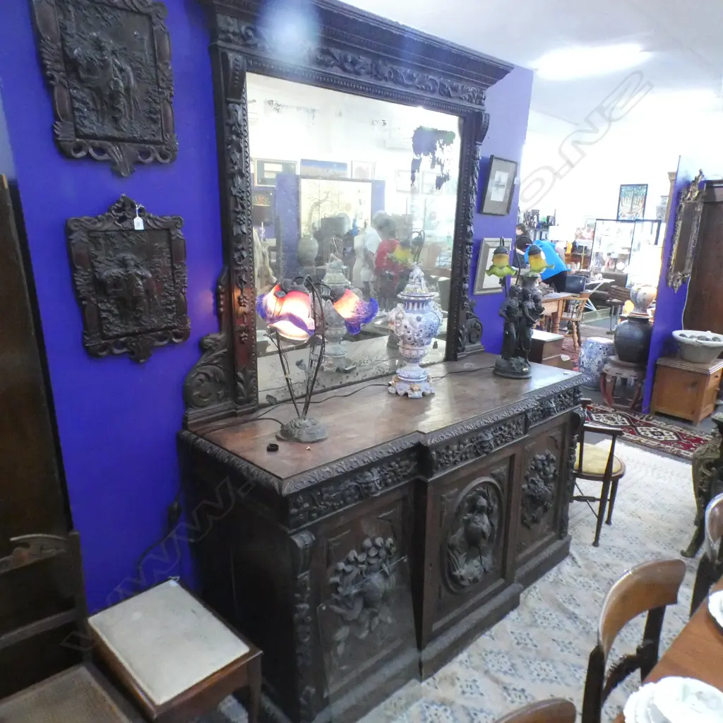 VICTORIAN OAK HEAVILY CARVED MIRROR BACK SIDEBOARD Requires attention 1840 x 650 x 2450mm Image 1++