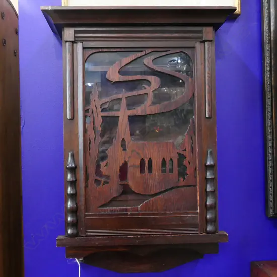 SM OAK CABINET W GLASS & OAK CARVED DOOR  H660 x W 395MM 
