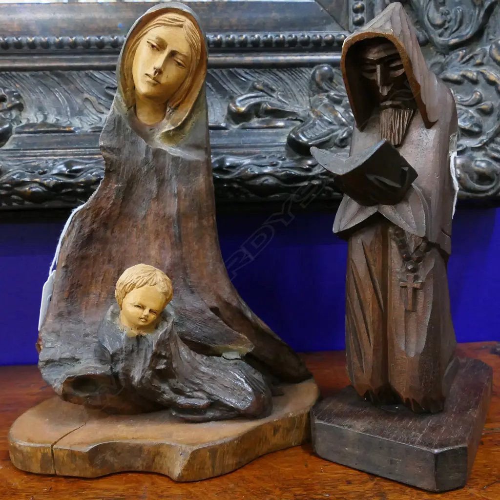 2 CARVED WOODEN RELIGIOUS FIGURES - TALLEST H 265MM Image 1++